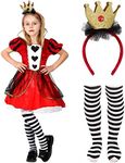 Girls Heart Queen Costume - Medium - Red Dress with Heart Detailing, Gold Crown on Headband and Striped Tights - Kids World Book Day Book Week Fancy Dress Costume
