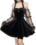 Goth Retro Court Lace Lantern Long Sleeve Hollow-Out O Neck Pure Black Temperament Velvet Midi Dress Cocktail Casual Dress L