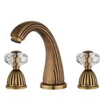 Retro Style Antique Two Handles Bathroom Faucets Brass Black Gold Sliver Three Holes Widespread Bath Taps Crystal Handle Bathroom Sink Faucets Contain Supply Lines and Hot Cold Water (Antique Brass)