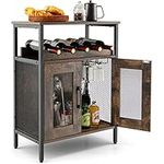 PETSITE Wine Bar Cabinet, Home Liquor Cabinet with Removable Wine Rack and Glass Holder, Coffee Bar Cabinet with Storage, Industrial Sideboard Buffet Cabinet with Mesh Doors for Kitchen