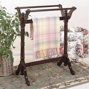 BOWERY HILL Freestanding Wood Blanket Rack for Living Room, 3 Tier Towel Organizer for Throw Blankets and Quilts, Floor Stand Holder for Bathroom, Laundry, Living Room, Pool Area, Dark Cherry Brown