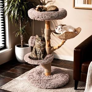 Sopapets Solid Wood Cat Tree for Large Cats, 41.3" Modern Cat Tower with Heavy Duty Real Branch & Hand-Woven Basket, Sisal Scratching Posts & Cozy Bed, Luxury Furniture for Indoor & Maine Coon, Beige