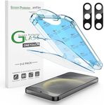 amFilm [2+2 Pack] OneTouch Tempered Glass Screen Protector Guard for Samsung Galaxy S24 6.2 Inch with Camera Lens Protector, 9H Hardness, Easy Installation, Bubble Free and Case Friendly.