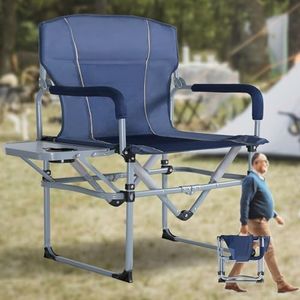 SHALLWE Folding Camping Chair with Side Table, Portable High Back Lawn Chair, Oversized Director Chair for Beach, Sports, Fishing, Party, Max Load 350lbs (Blue)