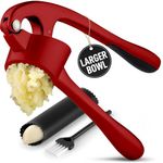 Zulay Kitchen Large Premium Garlic Press Set - Bigger Bowl for Bigger Garlic - Rust Proof & Dishwasher Safe Garlic Mincer Tool - Easy-Squeeze, Easy-Clean Silicone Garlic Peeler & Brush (Red)