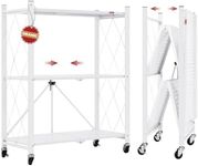 DEANIC 3-Shelf Foldable Storage Shelves with Wheels, Heavy Duty Shelving Unit, Freestanding Metal Wire Shelf Rack, No Assembly Organizer Rack for Garage Kitchen, Basement, Pantry, White