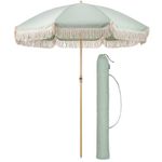 CHRISTOW Portable Garden Parasol with Tilt, 2m Cotton Tassel Beach Umbrella, Outdoor Patio Sunshade, Tilting Canopy, Steel Pole with Wood Effect, UV50+ Sun Protection, Water Resistant, Bag (Sage)