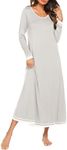 Ekouaer Full-Length Sleepshirt for Women Elegant Nightgown Long Sleeve Solid Sleepwear Comfy Long Sleep Dress Light Grey Small