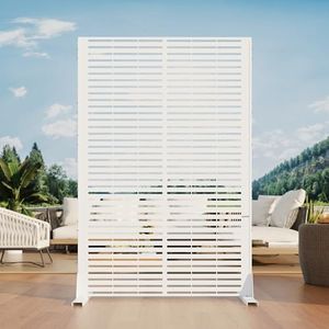 Garvee 6x4FT Outdoor Metal Privacy Screen Louvered Decorative Privacy Fence Steel Garden Divider Includes Hooks and Ground Anchors Ideal for Patios, Gardens, Balconies, or Backyards - White