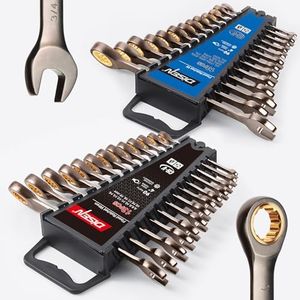 DISEN 90 Teeth Combination Ratcheting Wrench Set 26 Piece, Metric Wrenches 6MM-19MM and SAE Wrenches 1/4 Inch-13/16 Inch, Cr-V Steel, 12 Point, Nickel Plating with Organizer