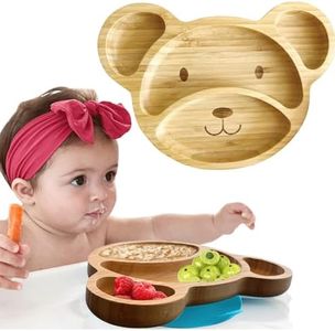 Bamboo Plates For Kids - Baby and Toddler Bamboo Suction Plate for Babies Feeding and Weaning, Promotes Self-Feeding with Eco-Friendly Sturdy Bear Design, Suction Plates for Busy Moms & Dads, Blue