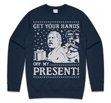 Sanfran Clothing Get Your Hands Off My Present Top Christmas Xmas Funny Democracy Manifest Gift Meme Jumper Sweater Large/Navy Blue