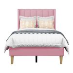 Upholstered Platform Bed Frame Twin Size with Headboard and Footboard/Wooden Slats Support/No Box Spring Needed/Easy Assembly,Pink