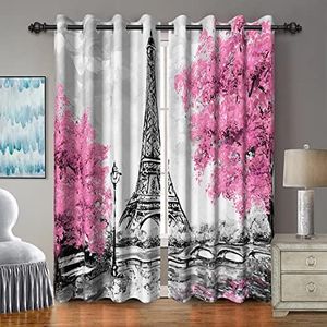 Baocicco Eiffel Tower Curtains Romantic Couple Pink Tree Paris Bedroom Living Room Decor Window Drapes with Grommets European City Landscape France Famous Scenic Curtains 2 Panels 53x63 Inch