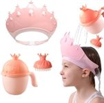 Baby Shower Cap Shield, Baby bath set shower cap/water cup/massage brush,Visor Hat for Eye and Ear Protection for 0-9 Years Old Children,Cute Crown Shape Makes the Baby Bath More Fun (Pink)