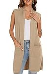 INKOFF Women's Long Knit Cardigan Vest Sleeveless Sweater Pockets Open Front Draped Duster Vest Casual, Camel, Small