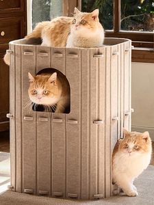 FUKUMARU Cat Beds for Indoor Cats 2-Tier Large Cat Lodge, Cozy Cat Bed Cave Cover with Felt Fabric, Roomy Cat Conditioners for More Cats, Enclosed Cat Hide, 45x36.5x60cm