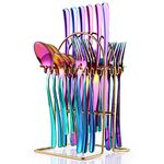 Ginoya brothers 24-Piece Colorful Silverware Set Cutlery Set for 6 with Holder, Stainless Steel Flatware Set,Home Kitchen Restaurant Utensils, Mirror Polished,Dishwasher Safe (Rainbow) (RAIN Bow)