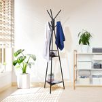 KRISHYAM® Coat Rack Freestanding Coat Stand,Coat Hanger Stand, Hall Tree with 6 Hooks and 2-Tier Shelves for Jacket,Clothes,Hat, Bag,Scarf,Umbrella (Single Rod with 2 wood Shelve-Black, Black)