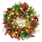 Quntis Christmas Wreath,16 Inch Christmas Wreath with 40 LED Lights, Battery Operated Wreath Decoration with Lots of Festive Elements, Holiday Wreath Garland for Indoor Home Front Door Window
