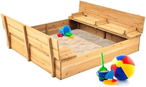 Best Choice Products Kids' Outdoor Wooden Sandbox Large, Cedar Wood with Foldable Bench Seats and Sand Protection, Bottom Liner Included - Natural