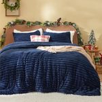 Bedsure Fluffy Comforter Set Queen - Super Soft Faux Fur Comforter Queen Size Navy, Winter Warm Fleece Bedding Set, Plush Fuzzy Bed Set, 3 Pieces, 1 Shaggy Comforter with 2 Pillowcases