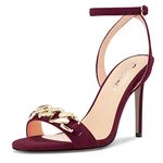 CASTAMERE Women Stiletto High Heel Open Toe Ankle Strap Metal Chain Sandals Prom Party 3.9 Inches Heels Burgundy Wine Red 6 M US