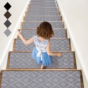 RIOLAND Non-Slip Carpet Stair Treads for Wooden Steps, 15 Pack Indoor Stair Runner with Reusable Adhesive Modern Anti Moving Safety Stair Rugs for Kids Dogs & Elders, 8" X 30", Rhombus Light Gray