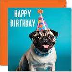 Birthday Cards for Men Women - Party Pug - Happy Birthday Card for Mum Dad Sister Brother Daughter Uncle Auntie Nan Grandma Grandad Colleague Best Friend, 145mm x 145mm Bday Greeting Cards