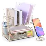 Desk File Organizer with Sliding Drawer 3-Tier Office Desktop Organizer File Holder Cute Desk Paper Letter Tray Organizer with 5 File Sorter Holders, 1 Pen Holder and 1 Phone Holder Gift - Gold