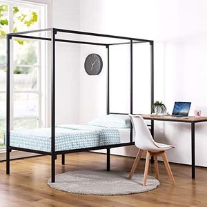 Zinus Kenn Single Bed Frame with Desk - Black Canopy Four Poster Bed with Metal Slats