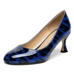 SHOWFOREST Women 2.5 Inch Office Kitten Patent Slip On Mid Heel Dress Round Toe Court Shoes Blue Leopard Size 10