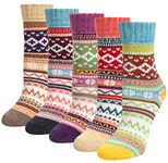 Justay 5 Pairs Merino Wool Socks Womens Thicken Thermal Knitting Crew Ladies Sock for Hiking Backpacking Climbing Winter（green, pink, red） (Yellow/pink/red/blue/light blue)