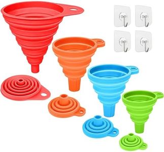 Silicone Collapsible Funnel, 4 Pcs Foldable Kitchen Funnels, Kitchen Funnel with 4 Pcs Transparent Adhesive Hooks for Filling Bottles, Liquid, Powder Transfer (Orange,Red,Blue,Green)