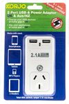 Korjo UK USB Power Adaptor, 2X USB Sockets, 1x AUS/NZ Socket, for England, United Kingdom, White