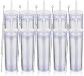 Volhoply 16oz Plastic Skinny Tumblers Bulk 10 Pack,Double Wall Tumbler with Lid and Straw,BPA Free Matte Acrylic Iced Coffee Cups with Straw,480ML Reusable Cute Mug for Parties,DIY Gift(Clear,10 Set