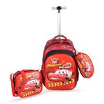 NOVEX 3-in-1 Disney Car Kids Backpack Combo Set with Lunch Box & Stationary Pouch | 17Inch Soft Polyester 2 Rolling Wheels Trolley Bag | Ideal School Carry-on Set for Boys - Red