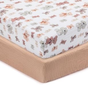 LollyBanks Muslin Crib Sheets 2 Pack, 100% Cotton Neutral Baby Crib Sheets for Standard 52"x28" Mattress, Soft and Breathable Bed Sheets for Baby, Infant Necessities (Teddy Bear and Solid Tan)