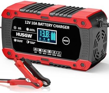 Husgw Chargeur de Batterie 12V10A, Chargeur Batterie Lithium Polyvalent, LiFePO4 Batterie Portable Voiture avec Réparation Automatisée, Maintien Charge pour Voiture/Moto/Tondeus/AGM/Gel/Wet/SLA