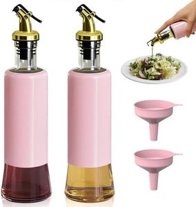Miao’er Olive Oil Dispenser Bottle for Kitchen Set of 2, Golden Non-Drip & Leakproof Spout, One-handed Hold, With Pink Funnel for Easy Filling, 10OZ/300ML(PINK)