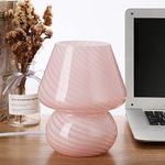 BSOD Pink Mushroom Lamp,Glass Mushroom Bedside Table Lamps Translucent Murano Vintage Style Striped Small Nightstand Desklamp Swirl Light for Home Decor, Dining, Living, Bedroom, Gift (Stripe Pink)