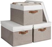 StorageWorks Lidded Large Storage Bins, Foldable Closet Storage Basket with PU Sewn Handles, Decorative Storage Bins for Clothes, Blankets, Brown and White, Jumbo, 3-Pack