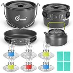 Odoland 22pcs Camping Cookware Mess Kit, Large Size Hanging Pot Pan Kettle with Base Cook Set for 4, Cups Dishes Forks Spoons Kit for Outdoor Camping Hiking and Picnic