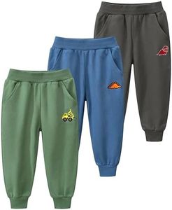 GFQLONG Toddler Boys 3 Pack Cotton Active Jogger Pants, Kids Cartoon Sweatpants Casual Lounging Bottoms, Dump Truck+ Sword Dragon+ Horned Dinosaur 7-8 Years