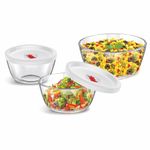 Signoraware Borosilicate Glass Mixing Bowls and Serving Bowls Set with Lid and Steam release Knob | Micro Wave Oven Safe (500ml+1000ml+1500ml | Set Of 3 Piece | Transparent Clear)