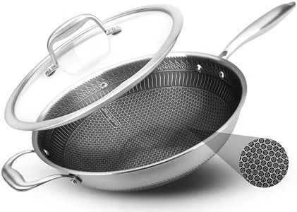 NutriChef 12" Stainless Steel Durable Wok - Triply Kitchenware Wok with Glass Lid, Side Handle - DAKIN Etching Non-Stick Coating, Scratch-resistant Raised-up Honeycomb Fire Textured Pattern - NCS3PWOK