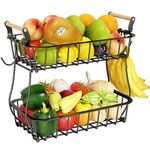 ANTOPY 2 Tier Fruit Basket with Banana Hangers, Countertop Vegetable Bowl for Kitchen Counter Metal Wire Storage Fruits Stand Holder Organizer Bread Snack Veggies Produce, Black