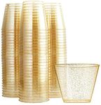 KAHEIGN 60Pcs Clear Plastic Cups, 270ml Gold Glitter Plastic Tumblers Reusable Drink Cups Elegant Party Wine Glasses for Cocktail Champagne Beer Martini Soda Dessert (7 x 8.5cm)