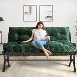 MAXYOYO 6" Futon Mattress Full Size, Velvet Thick Futons Sofa Couch Bed, Floor Mattress for Adults, Shredded Foam Filling (Frame Not Included), Green, 54x80 Inch