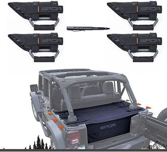 GPCA JK Wrangler Accessories Combo Pack for 2007-2018 JKU Wrangler 4 dr. Includes Rear Trunk Cover LITE, Tailgate Cover, 4 Jeep Handles for roll Bars & 1 Survival G1 Pen, 7-PC Bundle